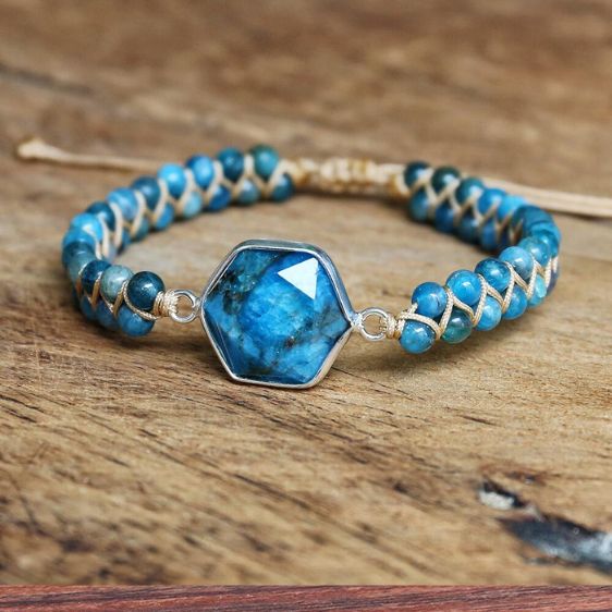 Hexagon-Shaped Natural Blue Apatite 4mm Beads Adjustable Bracelet